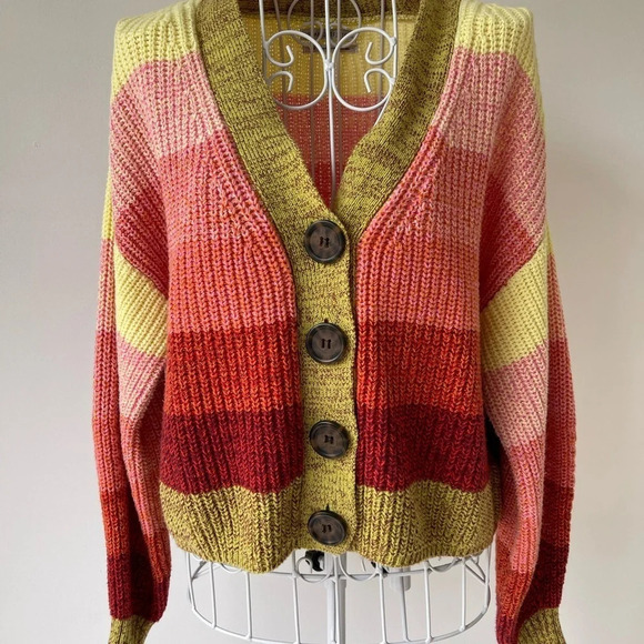 Urban Outfitters Button Up Crop long sleeve sweater vibrant boho oversized SZ S - Picture 7 of 9